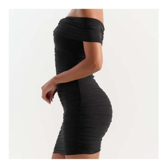 Naked Wardrobe Go black off the shoulder rushed mini dress size medium - Picture 3 of 9